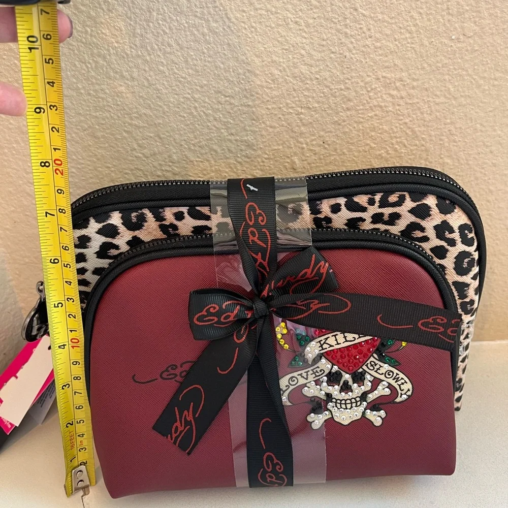Ed Hardy Red and Leopard Cosmetic Makeup Bag Set